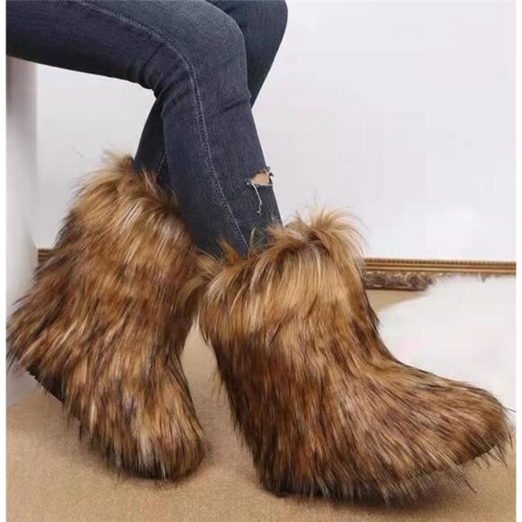 🆕Women Natural Faux Fur Winter Warm Knee High Flat Heel Fluffy  Snow Fur Boots - Picture 5 of 12